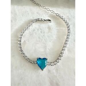 Cubic zirconia blue heart tennis bracelet